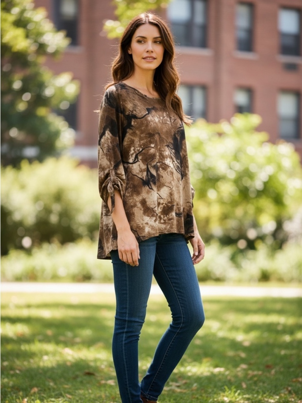 Clientele Smoky Tie-Dye 3/4-Sleeve Brown and Cream Women's L Shirt